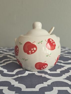 White Ceramic Sugar Jar with Red Apple Motif and Spoon